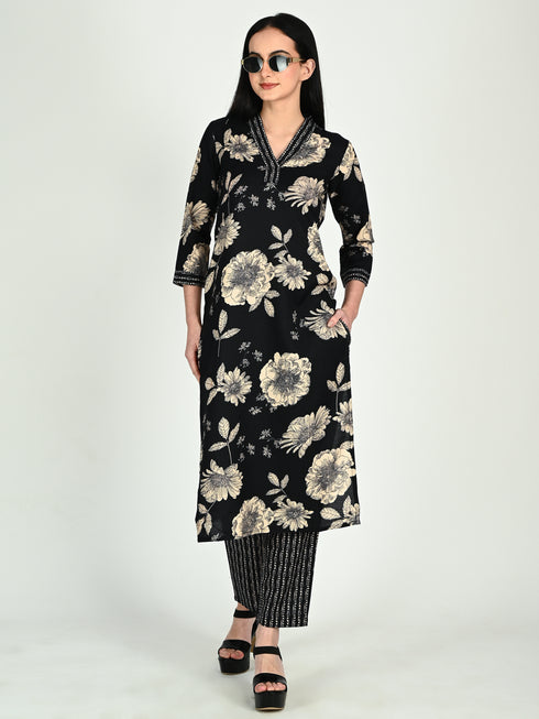 Black Cotton Blend Floral Block Printed Kurta & Pant With Dupatta