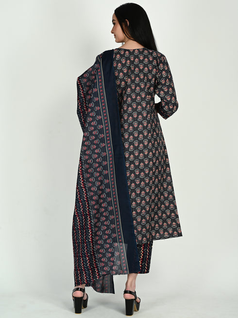 Navy Blue & Wine Cotton Blend Floral Block Printed Kurta & Pant With Dupatta