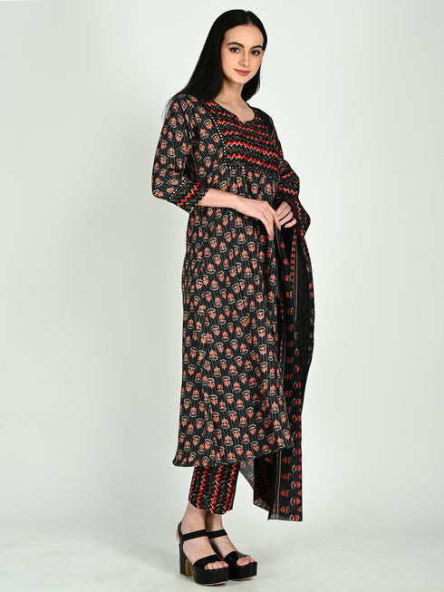 Black & Red Cotton Blend Floral Block Printed Kurta & Pant With Dupatta