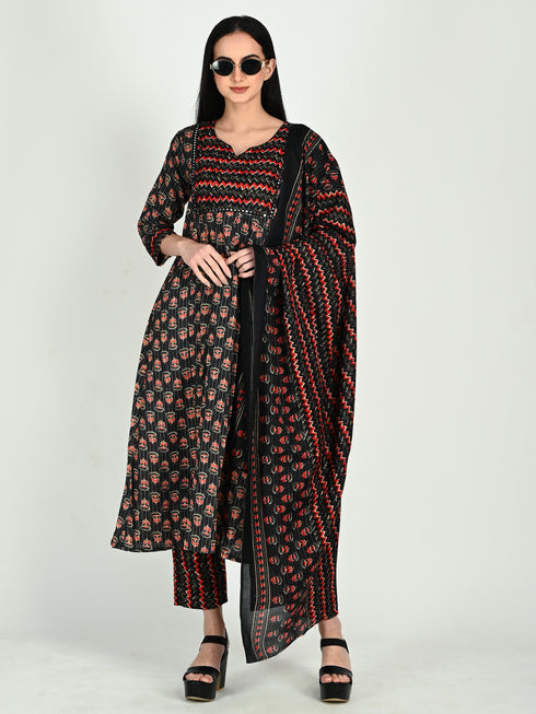 Black & Red Cotton Blend Floral Block Printed Kurta & Pant With Dupatta