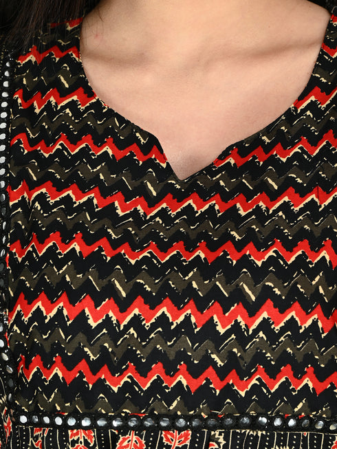 Black & Red Cotton Blend Floral Block Printed Kurta & Pant With Dupatta