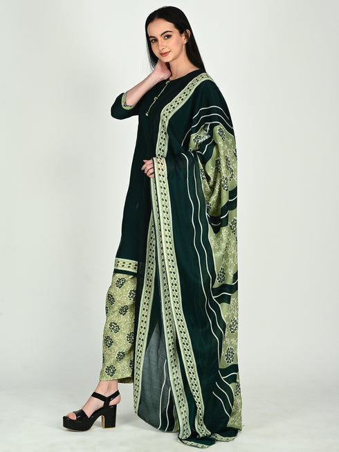 Green Cotton Blend Printed Ready to Wear Patiala Salwar Suit