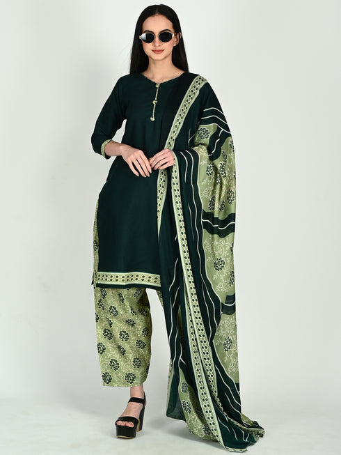 Green Cotton Blend Printed Ready to Wear Patiala Salwar Suit