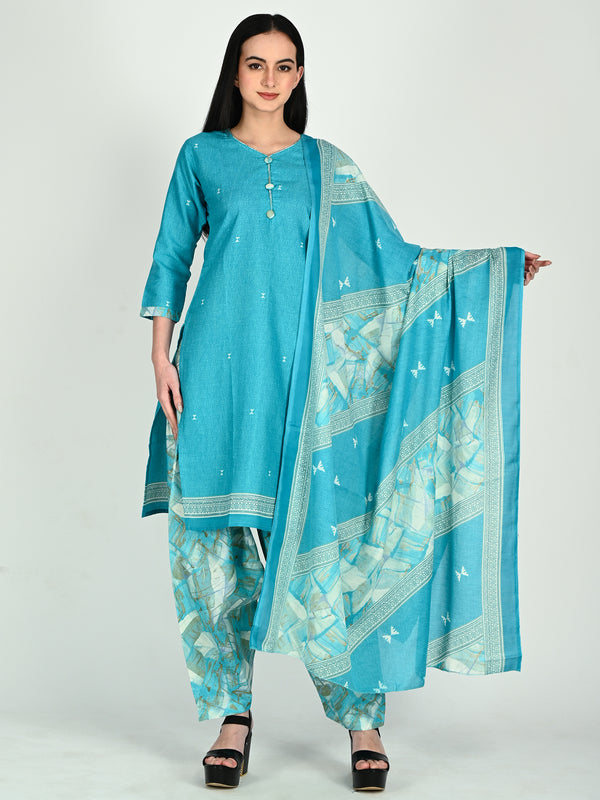 Turquoise Cotton Blend Printed Ready to Wear Patiala Salwar Suit