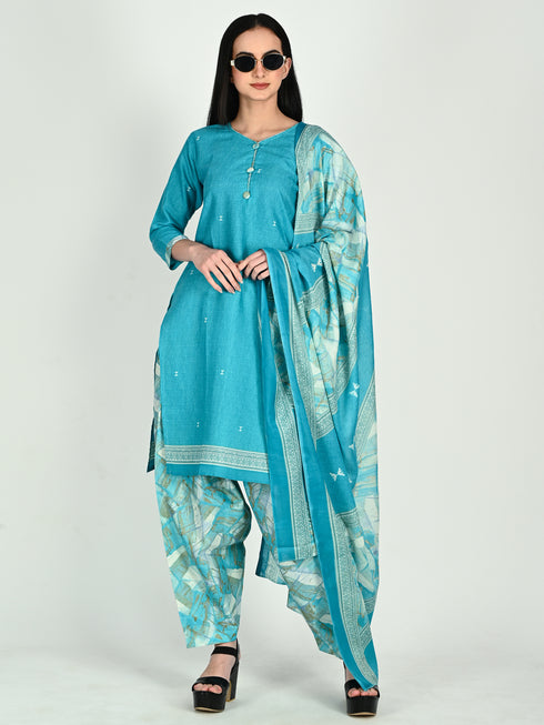 Turquoise Cotton Blend Printed Ready to Wear Patiala Salwar Suit