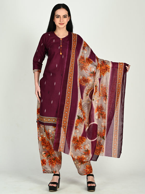 Wine Cotton Blend Printed Ready to Wear Patiala Salwar Suit