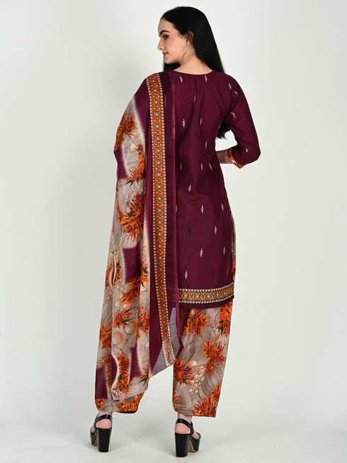 Wine Cotton Blend Printed Ready to Wear Patiala Salwar Suit