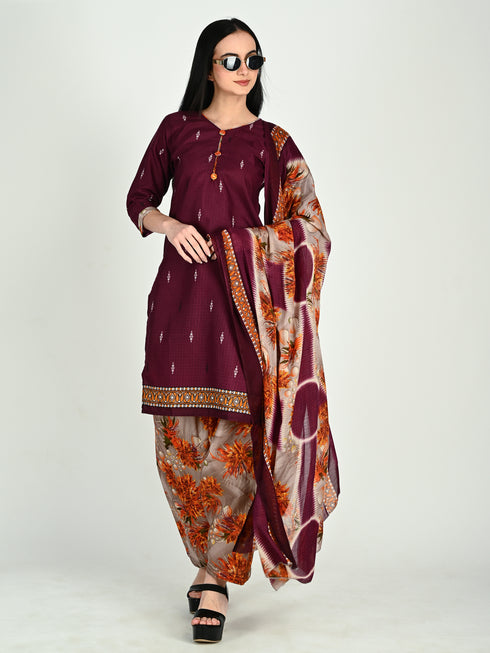Wine Cotton Blend Printed Ready to Wear Patiala Salwar Suit