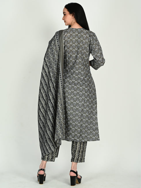 Grey & Black Cotton Blend Floral Block Printed Kurta & Pant With Dupatta