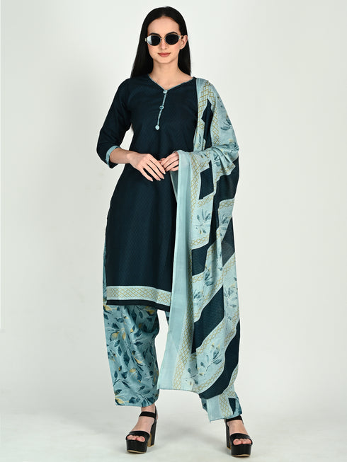 Teal Cotton Blend Printed Ready to Wear Patiala Salwar Suit