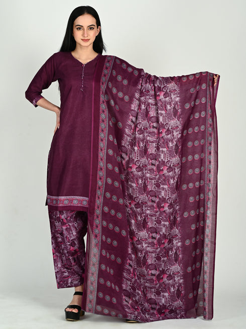 Wine Cotton Blend Printed Ready to Wear Patiala Salwar Suit