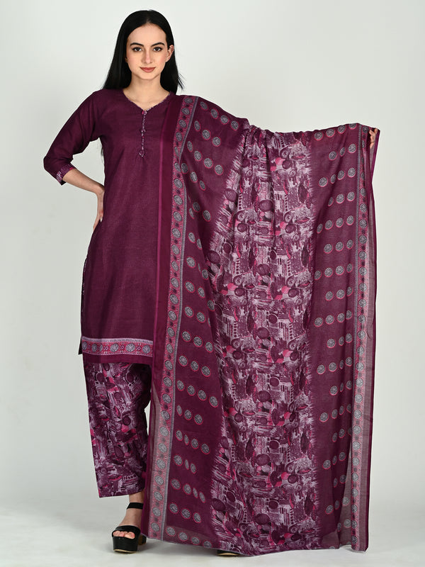 Wine Cotton Blend Printed Ready to Wear Patiala Salwar Suit