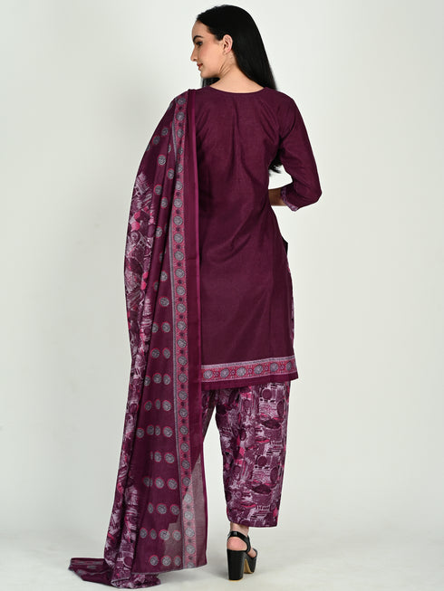 Wine Cotton Blend Printed Ready to Wear Patiala Salwar Suit