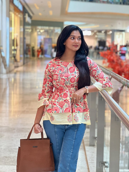 Cream Pure cotton Jaipuri Printed Short Top