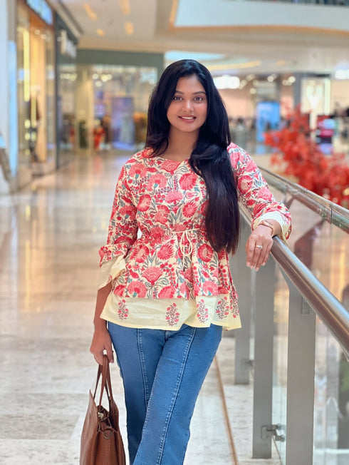 Cream Pure cotton Jaipuri Printed Short Top