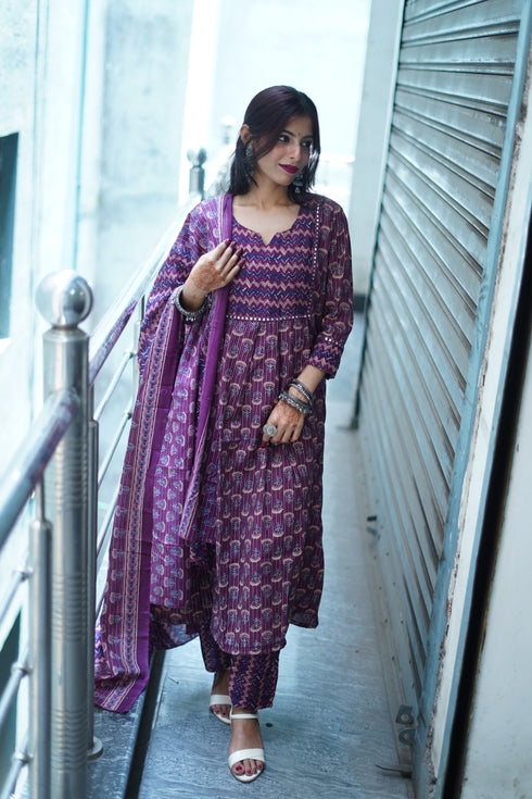 Women's Wine & Beige Cotton Blend Embroidered A-Line Kurta & Pant With Dupatta