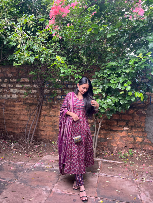 Women's Wine & Beige Cotton Blend Embroidered A-Line Kurta & Pant With Dupatta