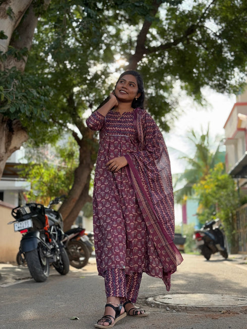 Women's Wine & Beige Cotton Blend Embroidered A-Line Kurta & Pant With Dupatta