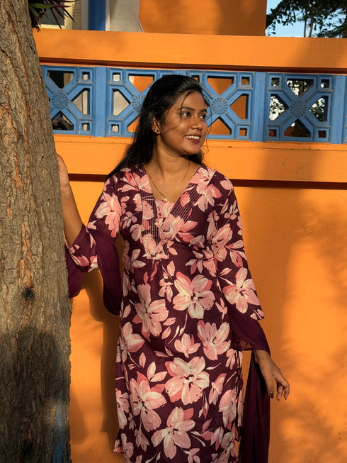 Maroon Mystique Floral Printed Kurta & Pant with Dupatta