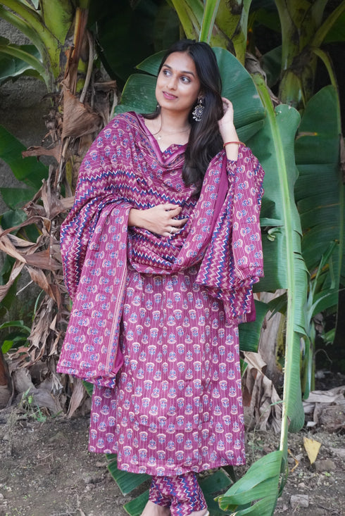 Women's Wine & Beige Cotton Blend Embroidered A-Line Kurta & Pant With Dupatta