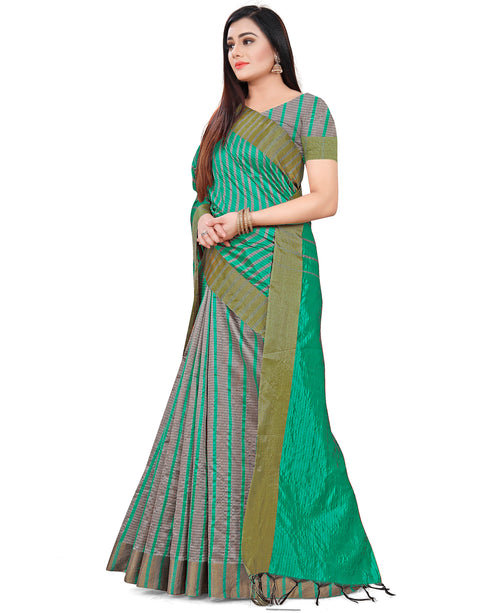Teal And Grey Cotton Silk Printed Traditional Saree With Blouse Piece