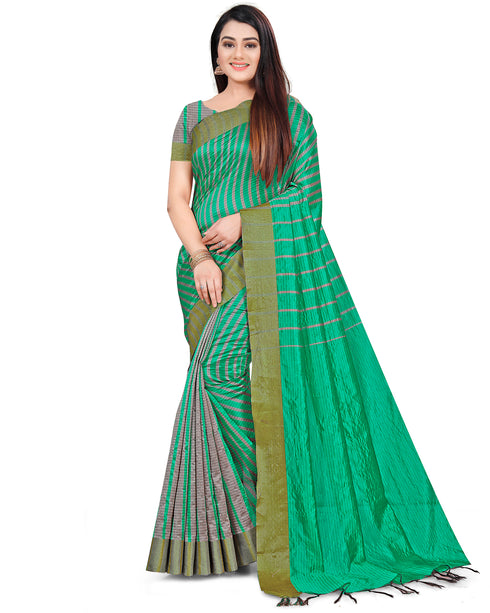 Teal And Grey Cotton Silk Printed Traditional Saree With Blouse Piece