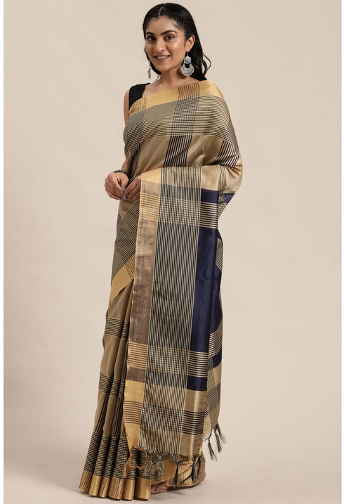 Blue And Beige Cotton Silk Printed Traditional Saree With Blouse Piece