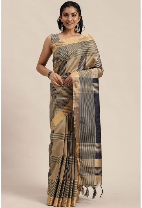 Blue And Beige Cotton Silk Printed Traditional Saree With Blouse Piece