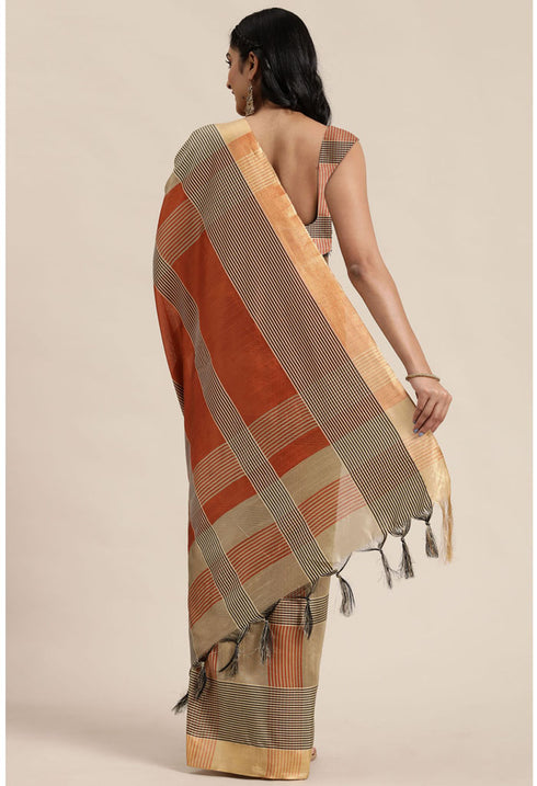 Orange And Beige Cotton Silk Printed Traditional Saree With Blouse Piece