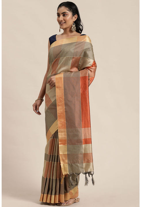 Orange And Beige Cotton Silk Printed Traditional Saree With Blouse Piece