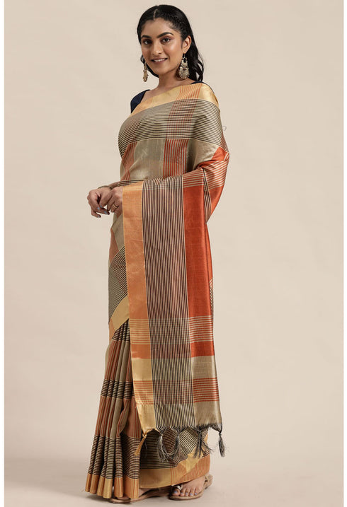 Orange And Beige Cotton Silk Printed Traditional Saree With Blouse Piece