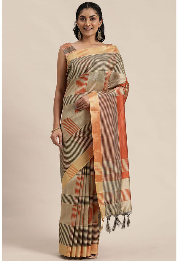 Orange And Beige Cotton Silk Printed Traditional Saree With Blouse Piece