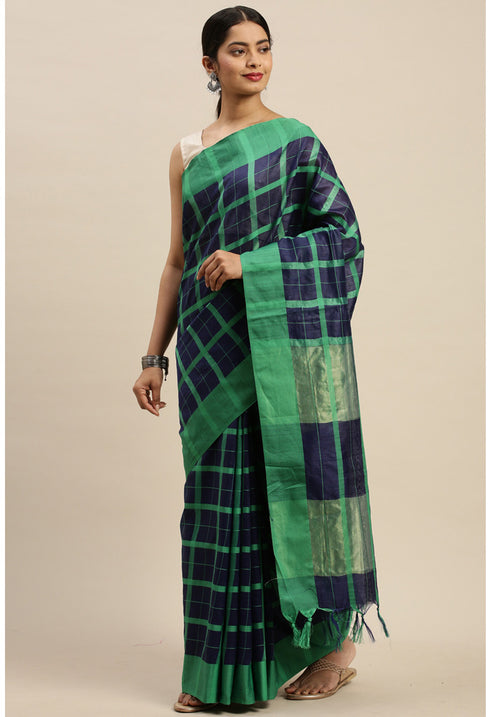 Navy Blue And Green Cotton Checks Printed Traditional Saree With Blouse Piece