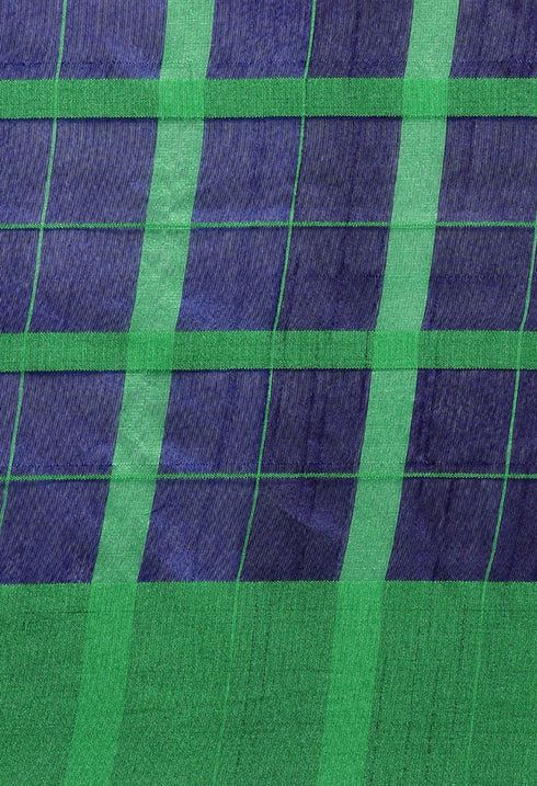 Navy Blue And Green Cotton Checks Printed Traditional Saree With Blouse Piece
