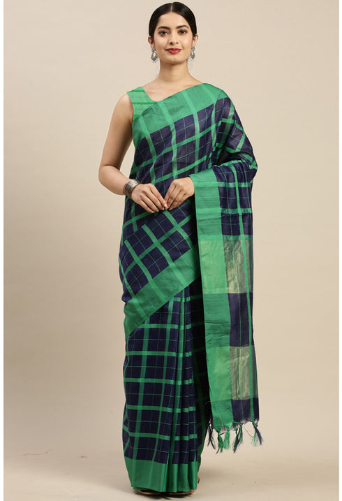 Navy Blue And Green Cotton Checks Printed Traditional Saree With Blouse Piece