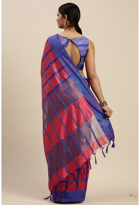 Magenta And Blue Cotton Checks Printed Traditional Saree With Blouse Piece