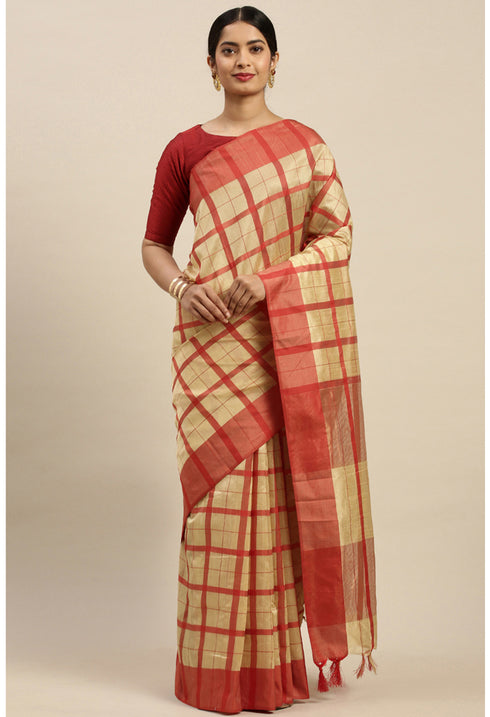 Beige And Red Cotton Checks Printed Traditional Saree With Blouse Piece
