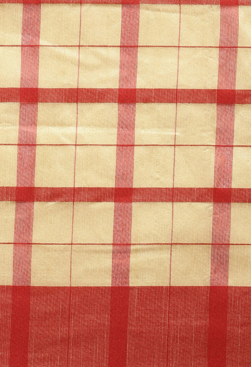 Beige And Red Cotton Checks Printed Traditional Saree With Blouse Piece