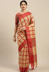 Beige And Red Cotton Checks Printed Traditional Saree With Blouse Piece