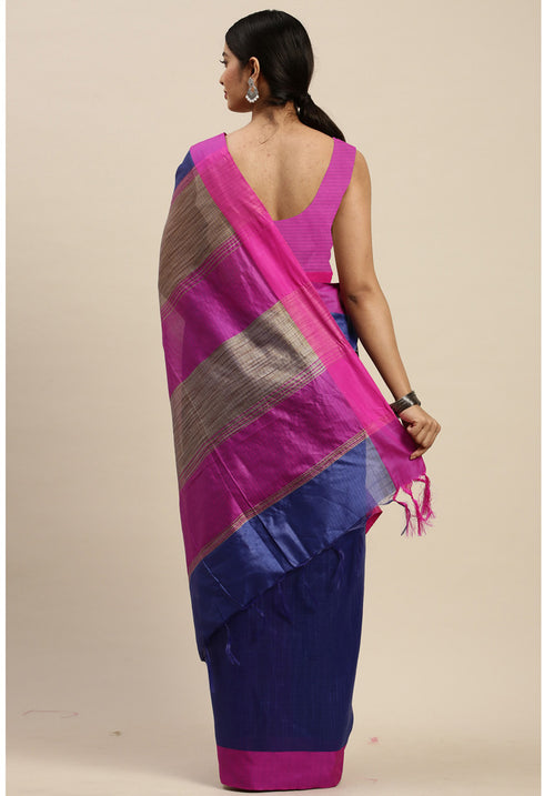 Blue Cotton Striped Printed Traditional Saree With Blouse Piece