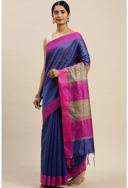 Blue Cotton Striped Printed Traditional Saree With Blouse Piece