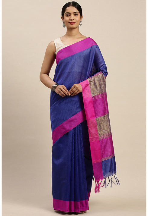 Blue Cotton Striped Printed Traditional Saree With Blouse Piece