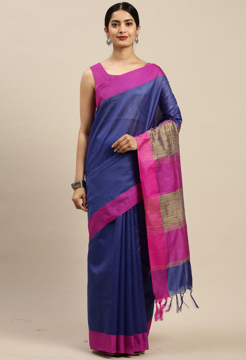 Blue Cotton Striped Printed Traditional Saree With Blouse Piece
