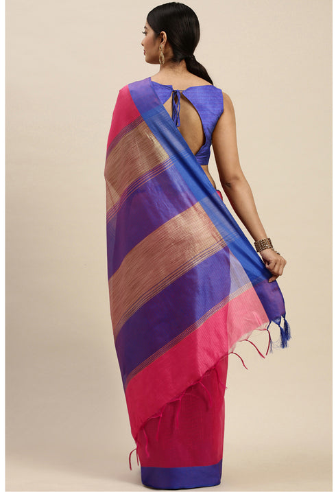 Pink Cotton Striped Printed Traditional Saree With Blouse Piece