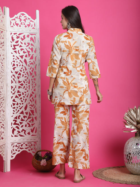 White & Chikoo Pure Cotton Abstract Printed Co-ords