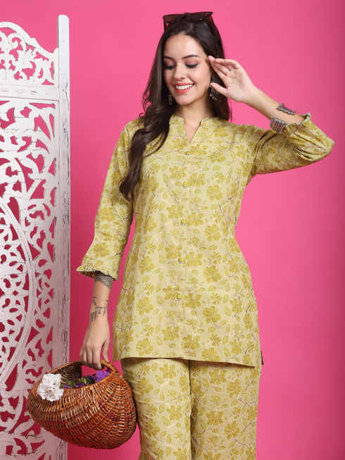 Lime Yellow Pure Cotton Foil Printed Co-ords