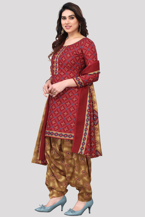 Maroon Cotton Blend Printed Unstitched Salwar Suit Material