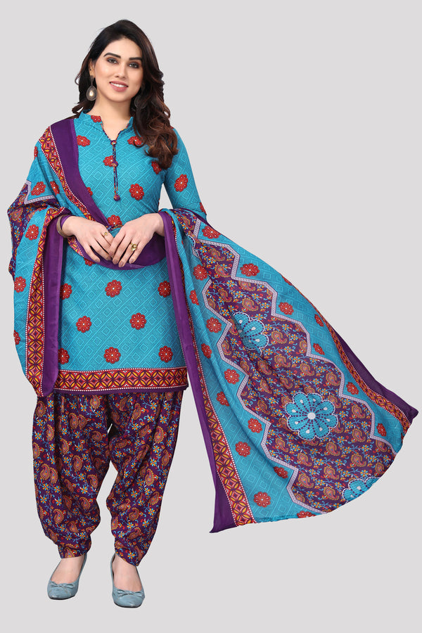 Sky Blue Cotton Blend Printed Unstitched Salwar Suit Material