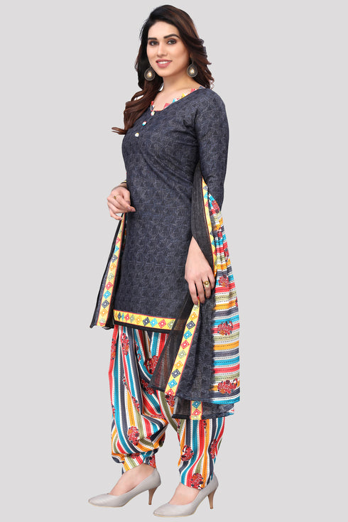 Grey Cotton Blend Printed Unstitched Salwar Suit Material