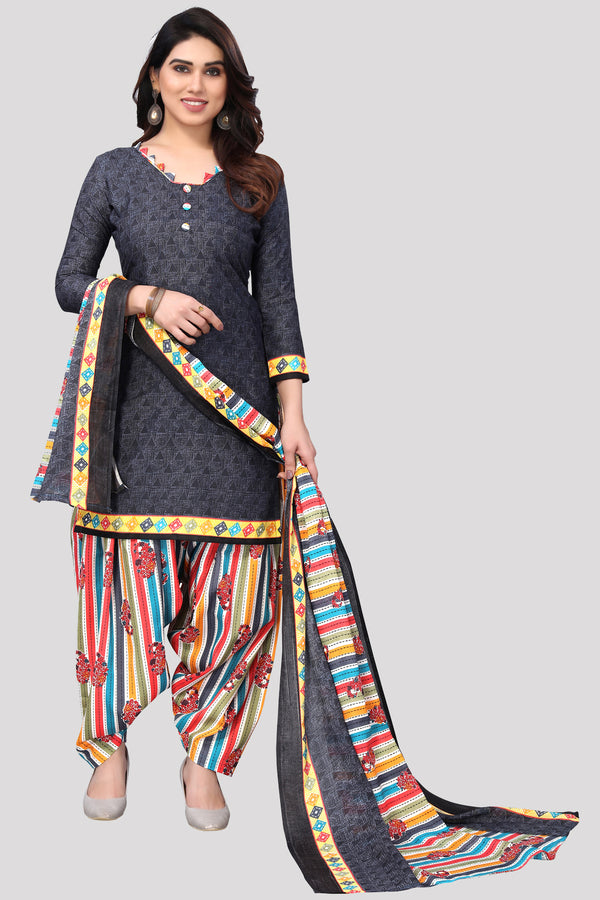 Grey Cotton Blend Printed Unstitched Salwar Suit Material